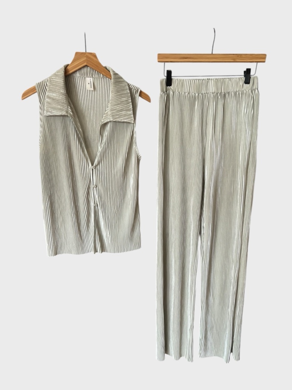 Commense Pleated Sleeveless Button Top & Wide Leg Pants Set - Light Sage